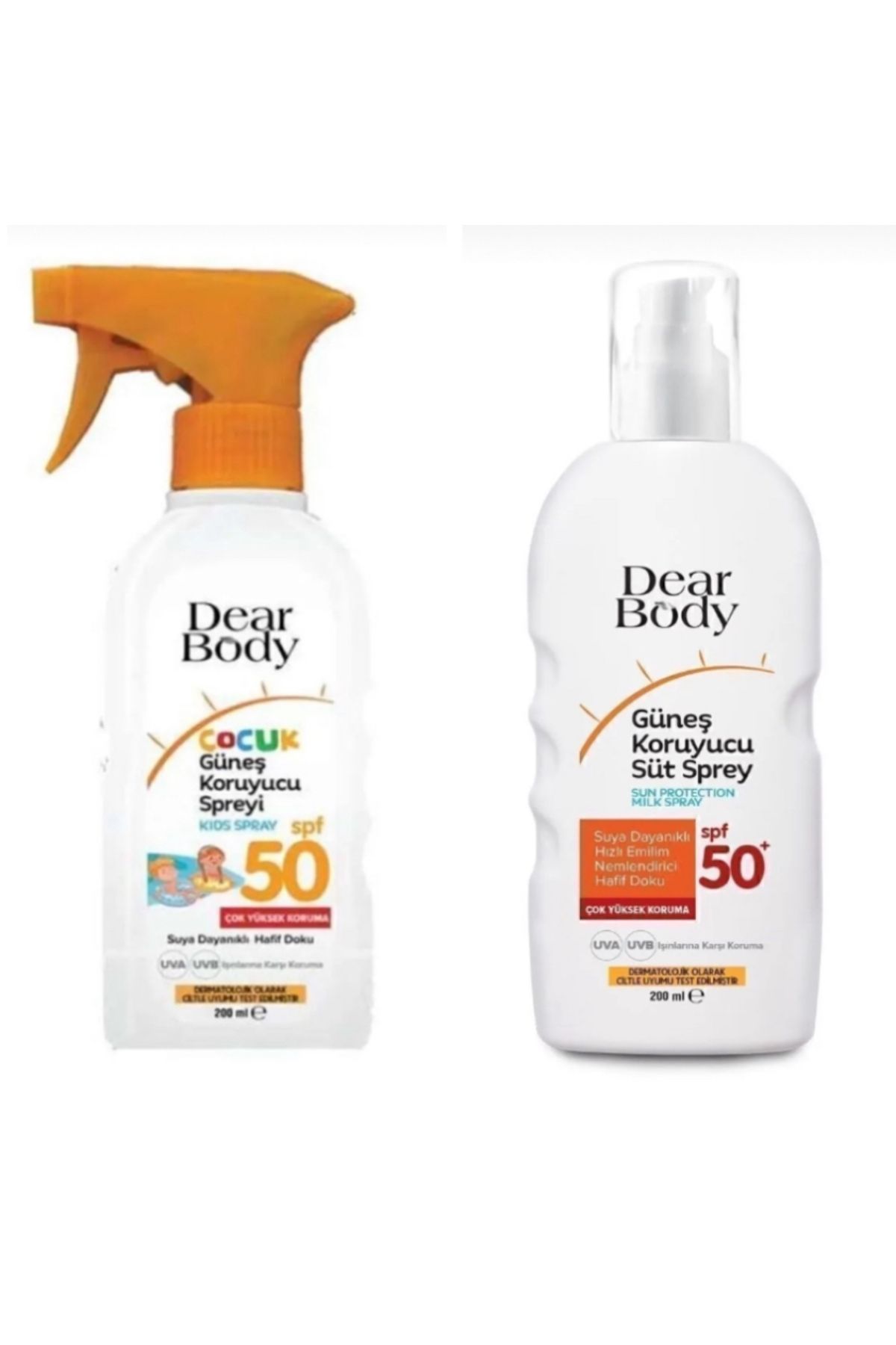 dear body Güneş Sütü 200 ml spf50 ve Çocuk Koruyucu Spreyi 200 ml spf50
