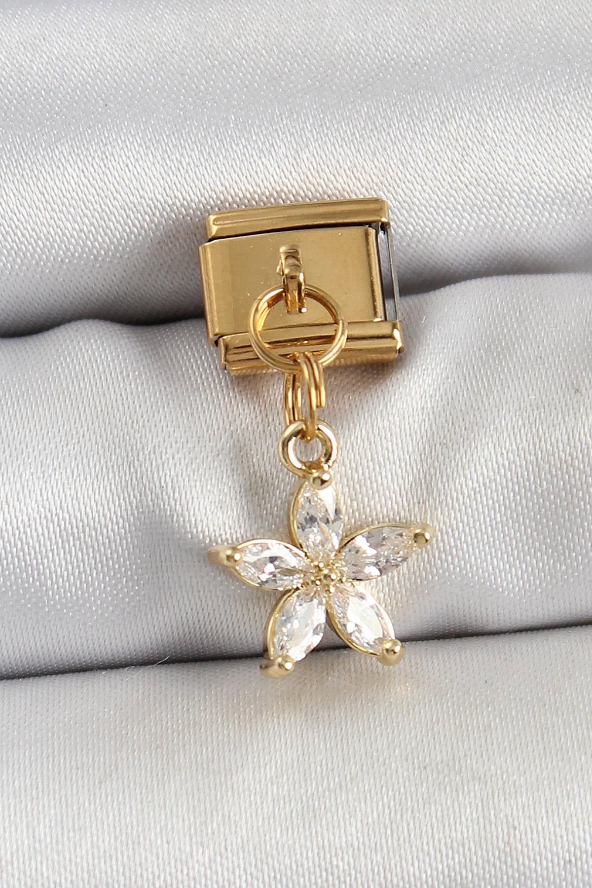 Celira Çelik Sallantılı Zirkon Taşlı Çiçek Model Gold Renk Nomination Charm