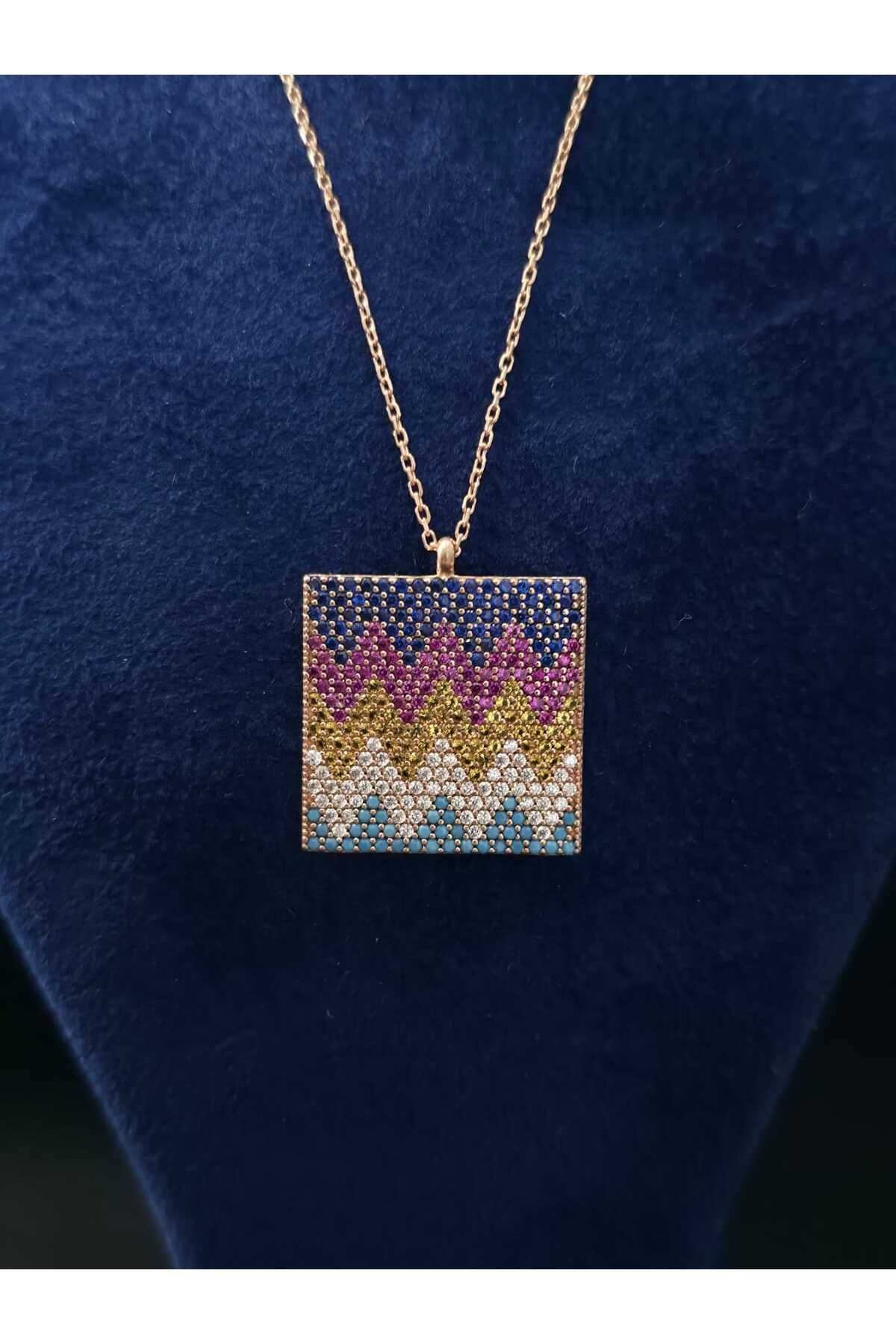 sarıyer silver Renkli Zirkon Taşlı Kare Modern Şık Tasarım Sarı Renkli Kaplamalı 925 Ayar Gümüş Kolye