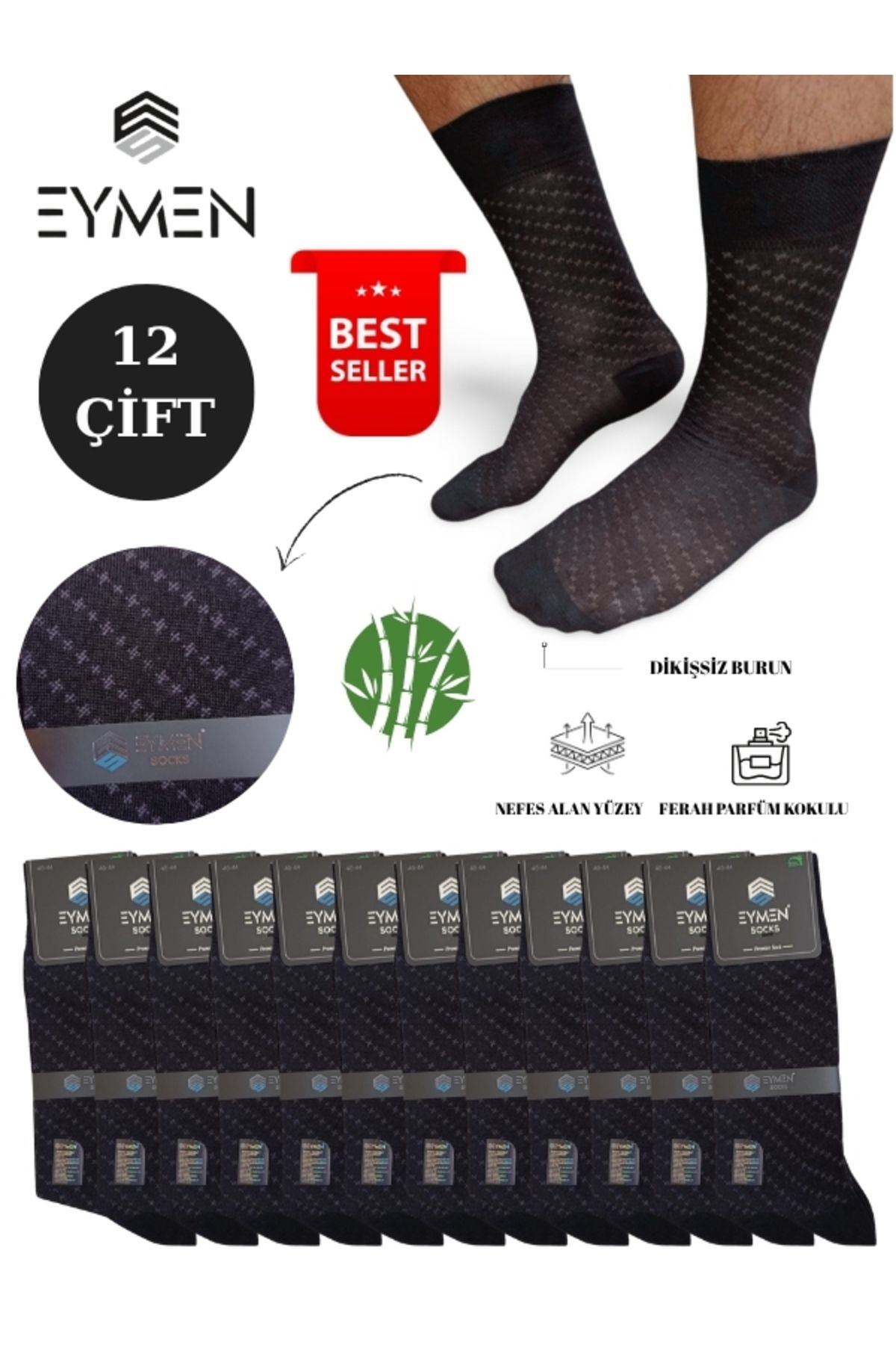Eymen Socks 12'li Bambu Erkek Soket Çorap Tek Renk Siyah - Premium ,dikişsiz, Çarpı Desen, Hediye Kutulu