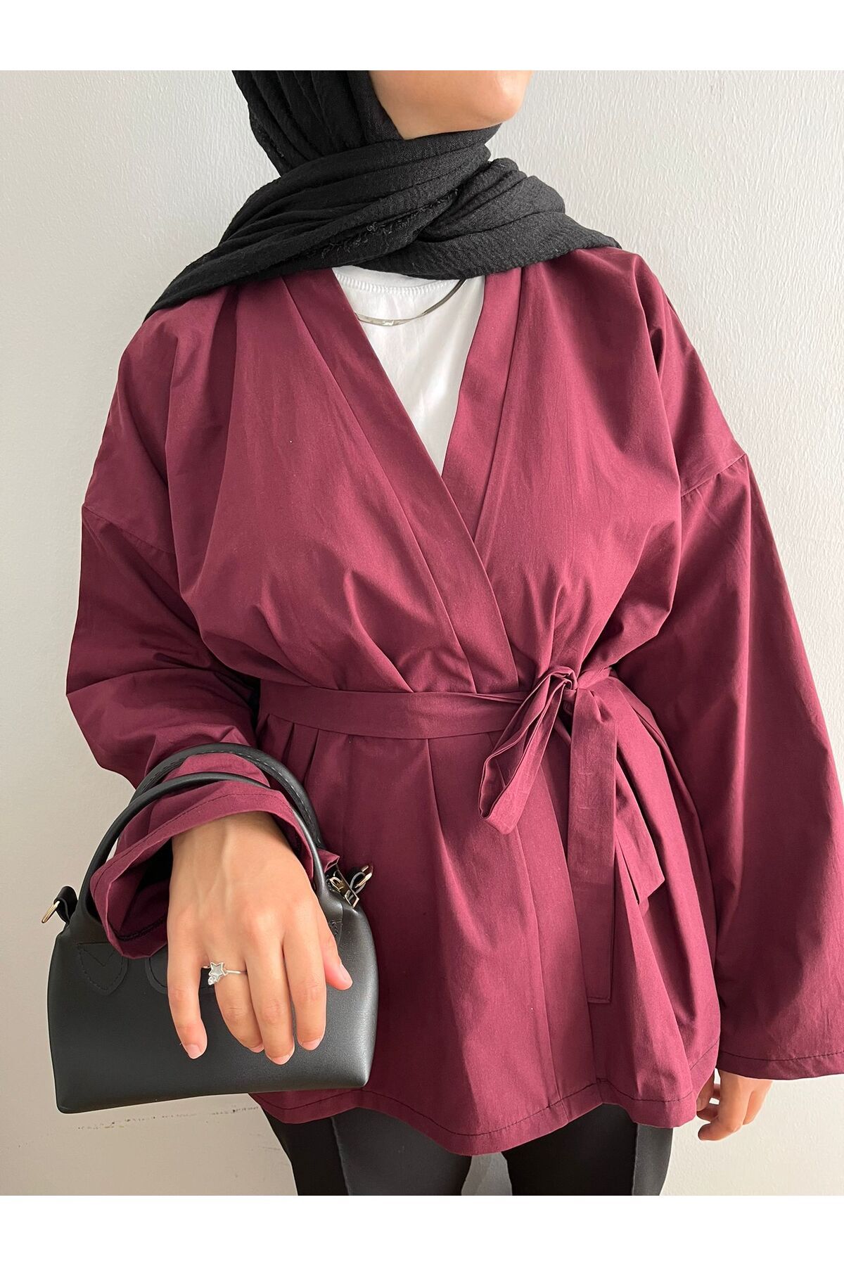 FASİON Belden Bağlamalı Vişne Kimono