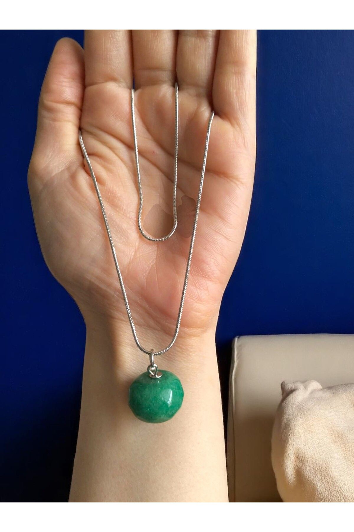 CLOVER JEWELRY Aventurin Doğal Taş Gümüş Zincir Kolye