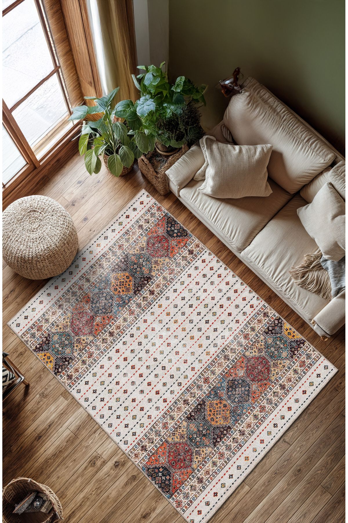BigArts Home Makinede Yıkanabilir Kaymaz Taban Leke Tutmaz Çiçekli Salon Halısı Mutfak Halısı ve Yolluk