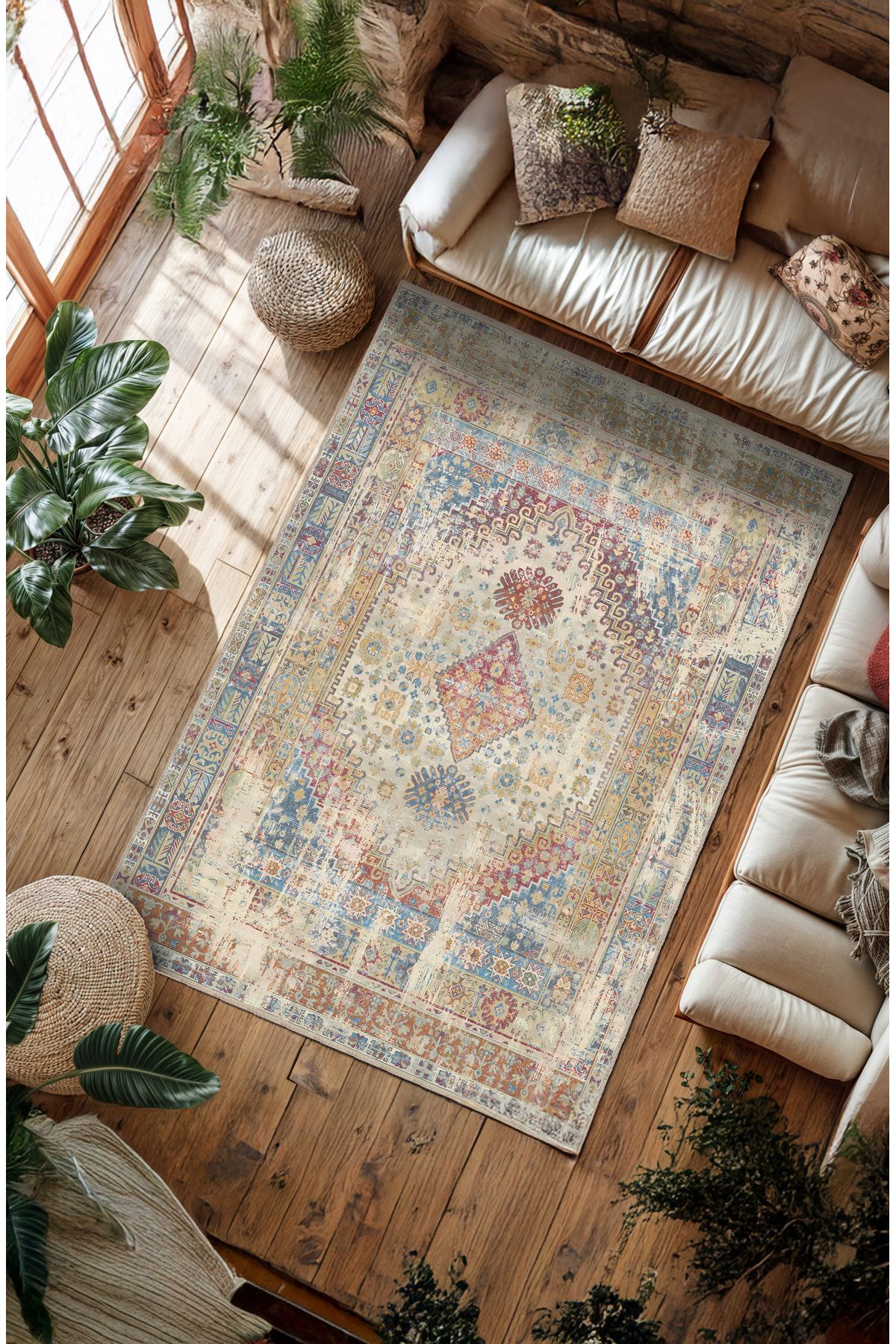 BigArts Home Makinede Yıkanabilir Kaymaz Taban Leke Tutmaz Aztec Salon Halısı Mutfak Halısı ve Yolluk