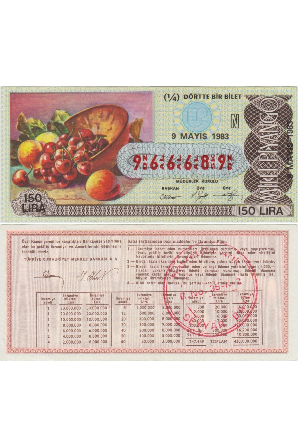 Banknoting ESKİ MİLLİ PİYANGO 1/4 ÇEYREK BİLET 9 MAYIS 1983 MEYVELER.