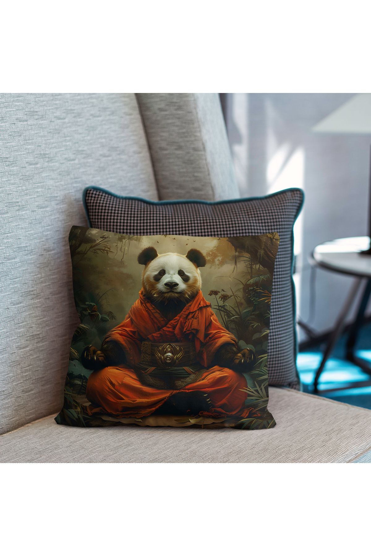 Mumi Dekor Doğa Temalı Manzaralı Gerçekçi Panda Figürlü Dijital Baskılı Kırlent Kılıfı 43X43