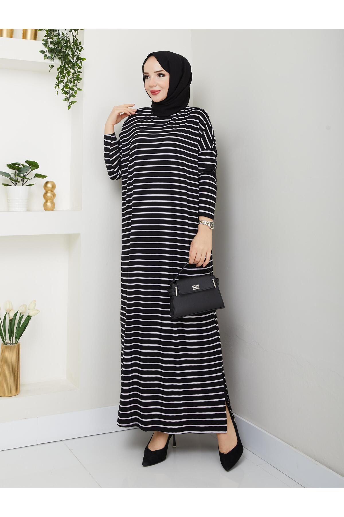 MODAMÜNASİP-Our Striped Viscose Combed Cotton Dress with a Fabric That Doesn'T Define the Line of the Hat 1