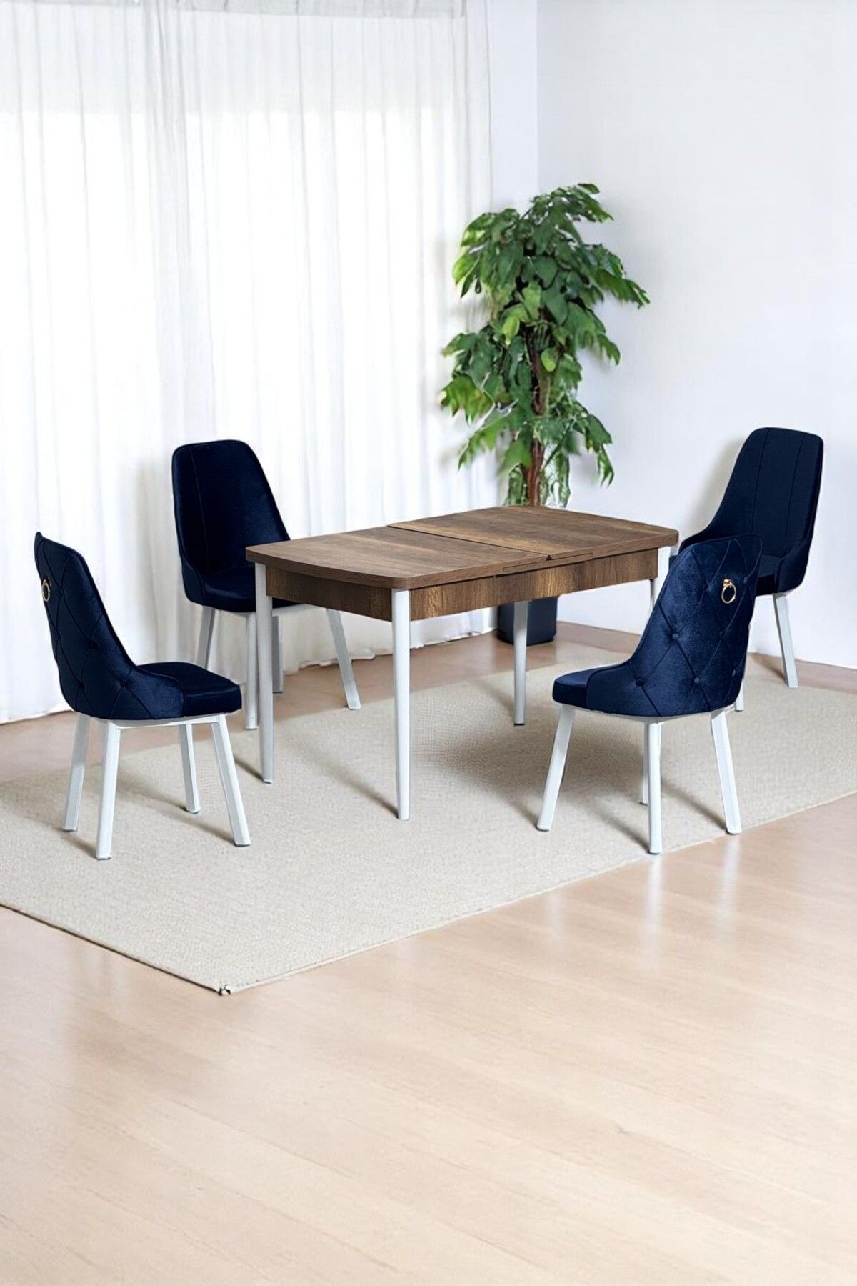 Monera Ceviz 80 x 132 Açılabilen Sunta Masa Metal Ayaklı Mutfak Masası Takımı 4 Lacivert Sandalye-0