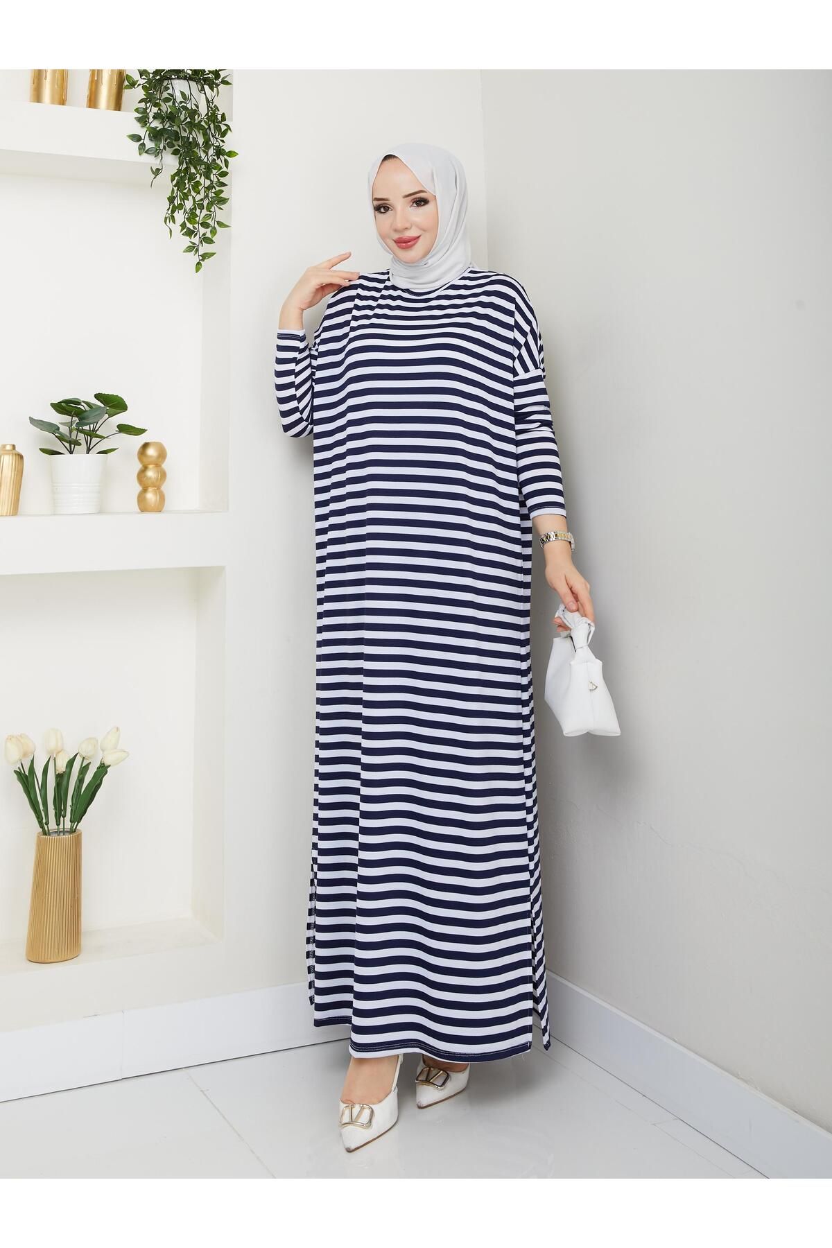 MODAMÜNASİP-Our Striped Viscose Combed Cotton Dress with a Fabric That Doesn'T Define the Line of the Hat 1