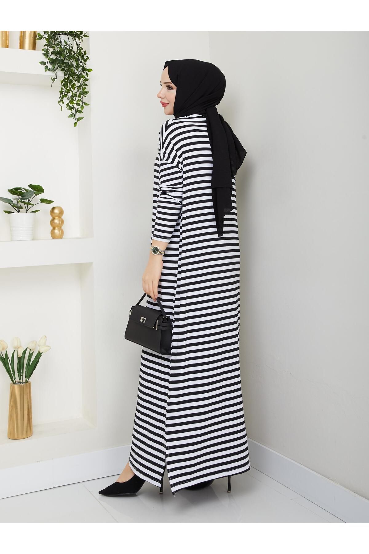 MODAMÜNASİP-Our Striped Viscose Combed Cotton Dress with a Fabric That Doesn'T Define the Line of the Hat 5