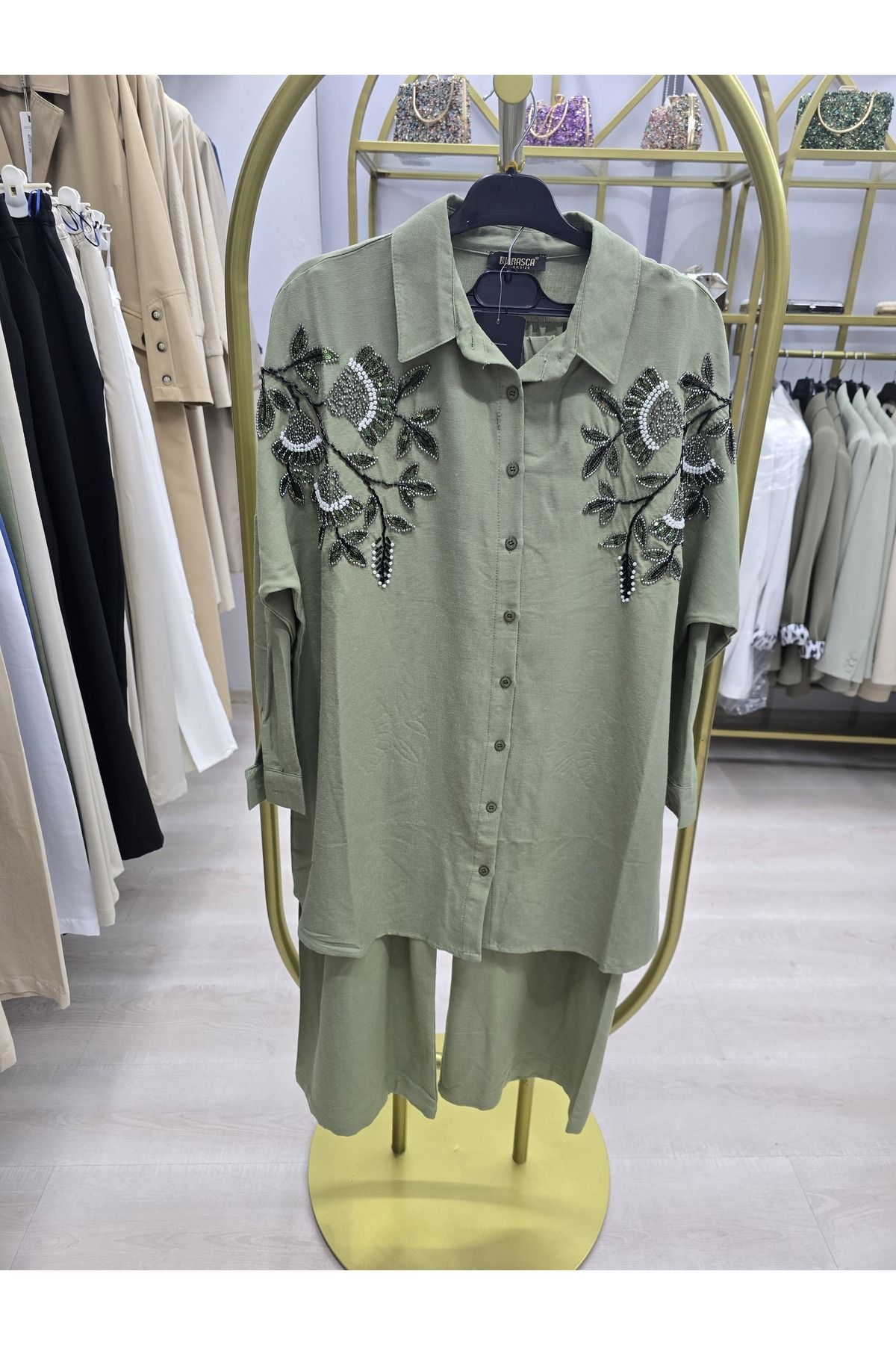 Omka Moda Keten İkili Takım İşlemeli Gömlek Pantolon Takım