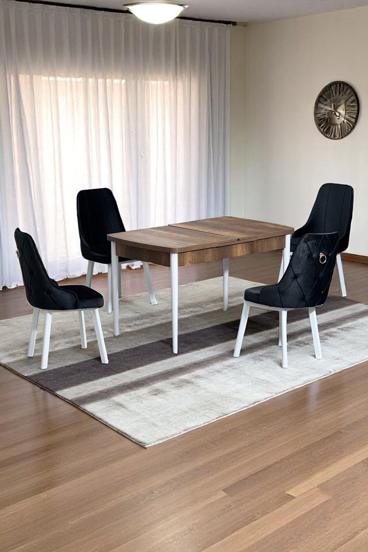 Monera Ceviz 80 x 132 Açılabilen Sunta Masa Metal Ayaklı Mutfak Masası Takımı 4 Siyah Sandalye-0
