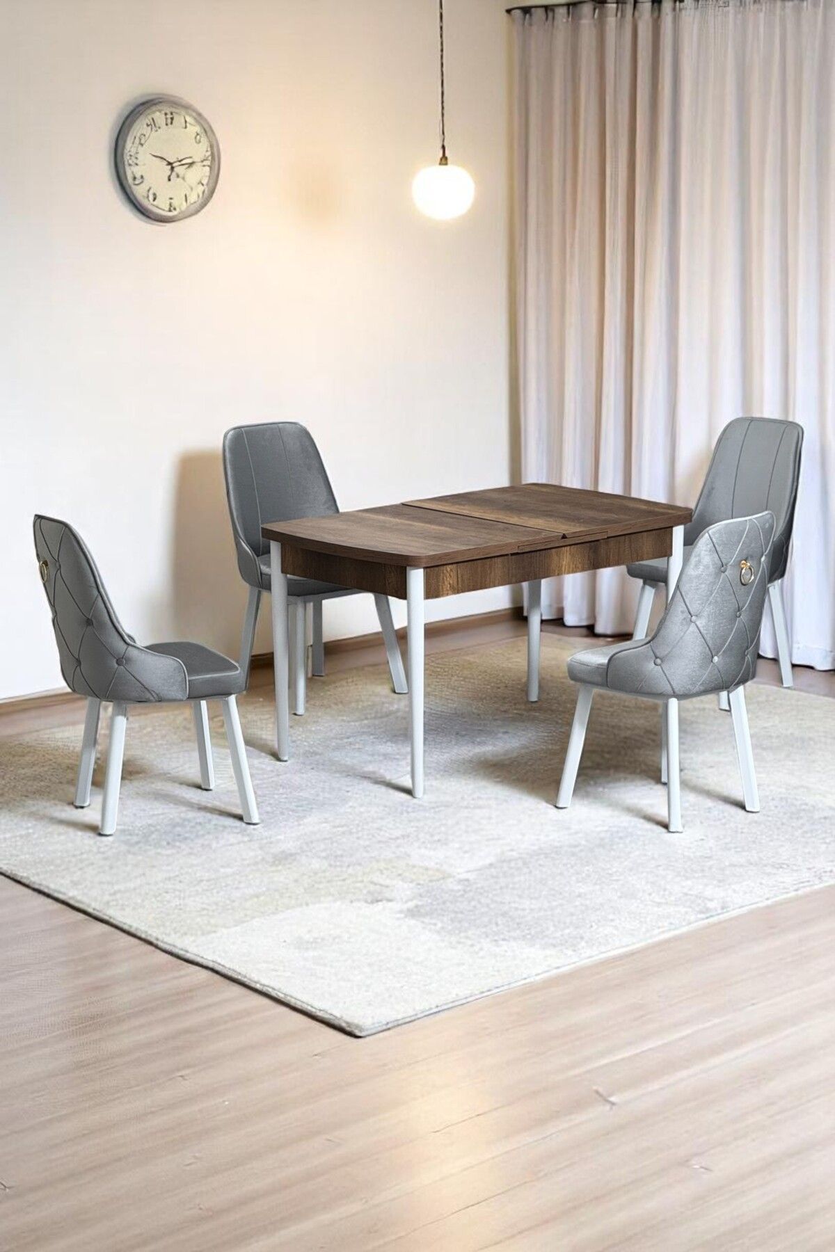Monera Ceviz 80 x 132 Açılabilen Sunta Masa Metal Ayaklı Mutfak Masası Takımı 4 Gri Sandalye-0