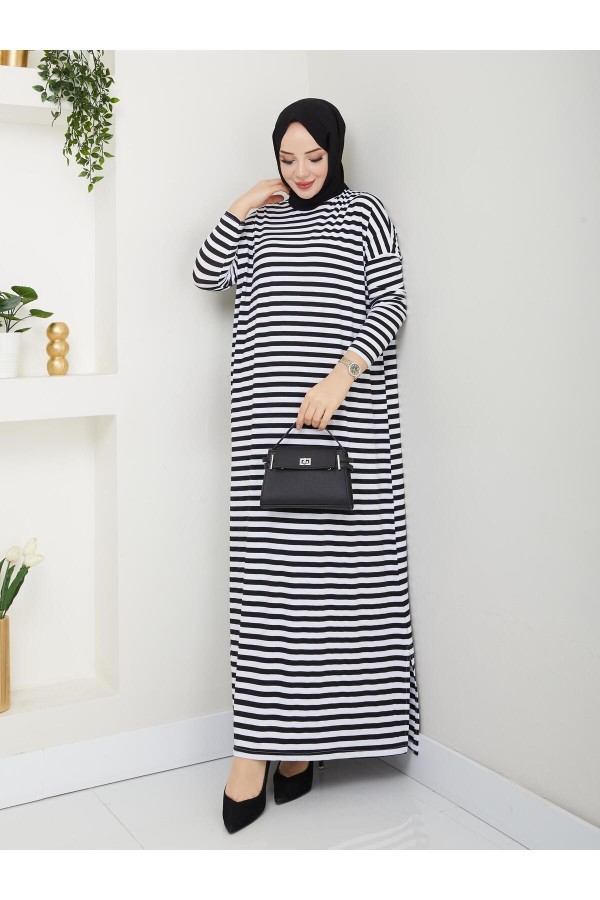 MODAMÜNASİP-Our Striped Viscose Combed Cotton Dress with a Fabric That Doesn'T Define the Line of the Hat 6