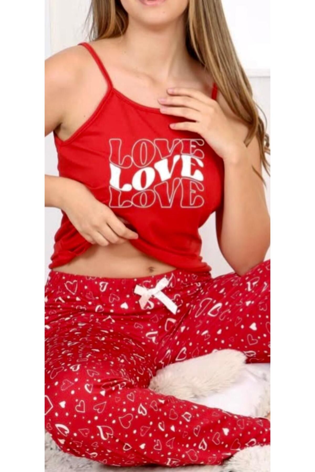shiny date Kırmızı Love Yazılı Pijama Takımı