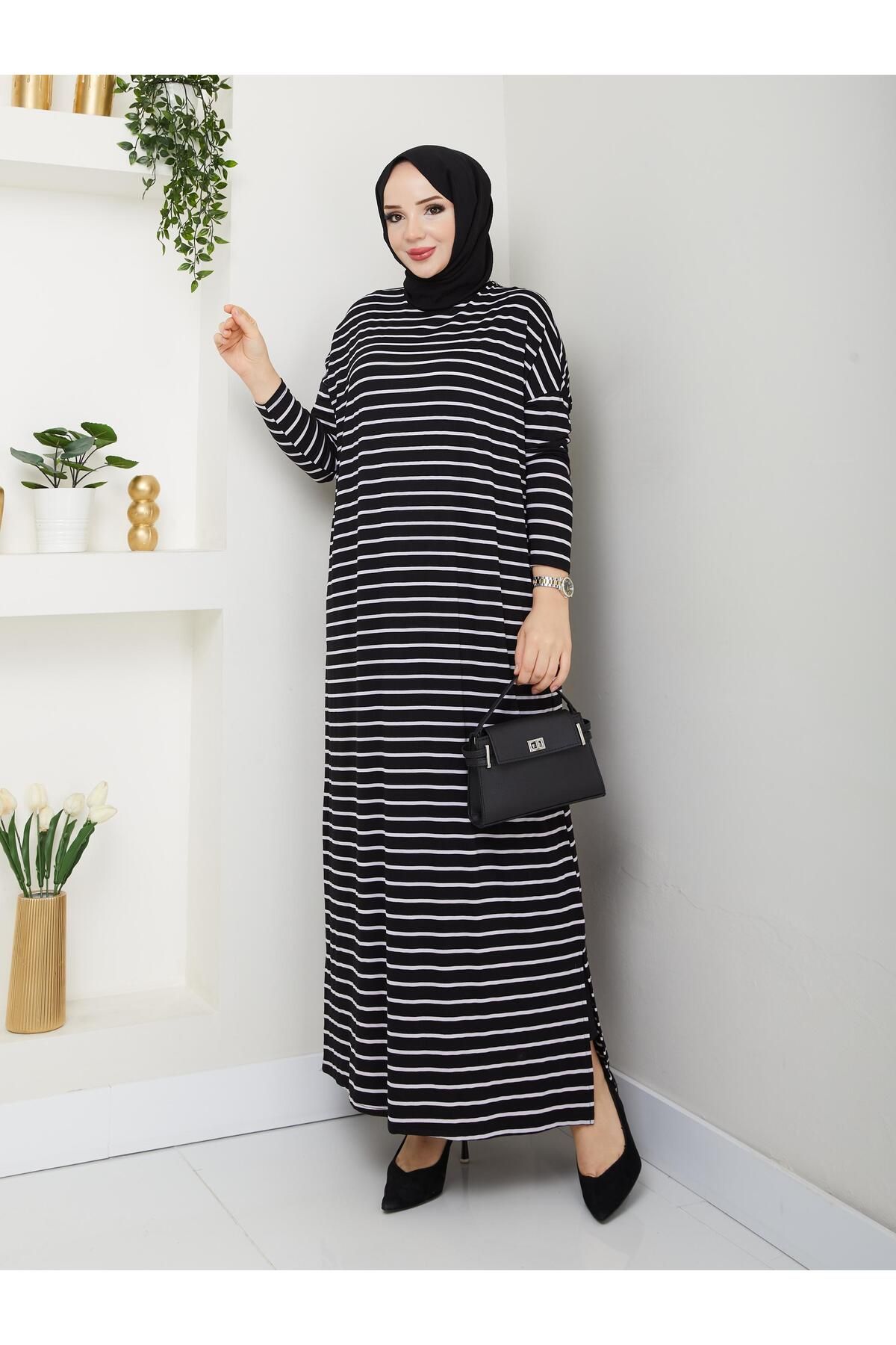MODAMÜNASİP-Our Striped Viscose Combed Cotton Dress with a Fabric That Doesn'T Define the Line of the Hat 7
