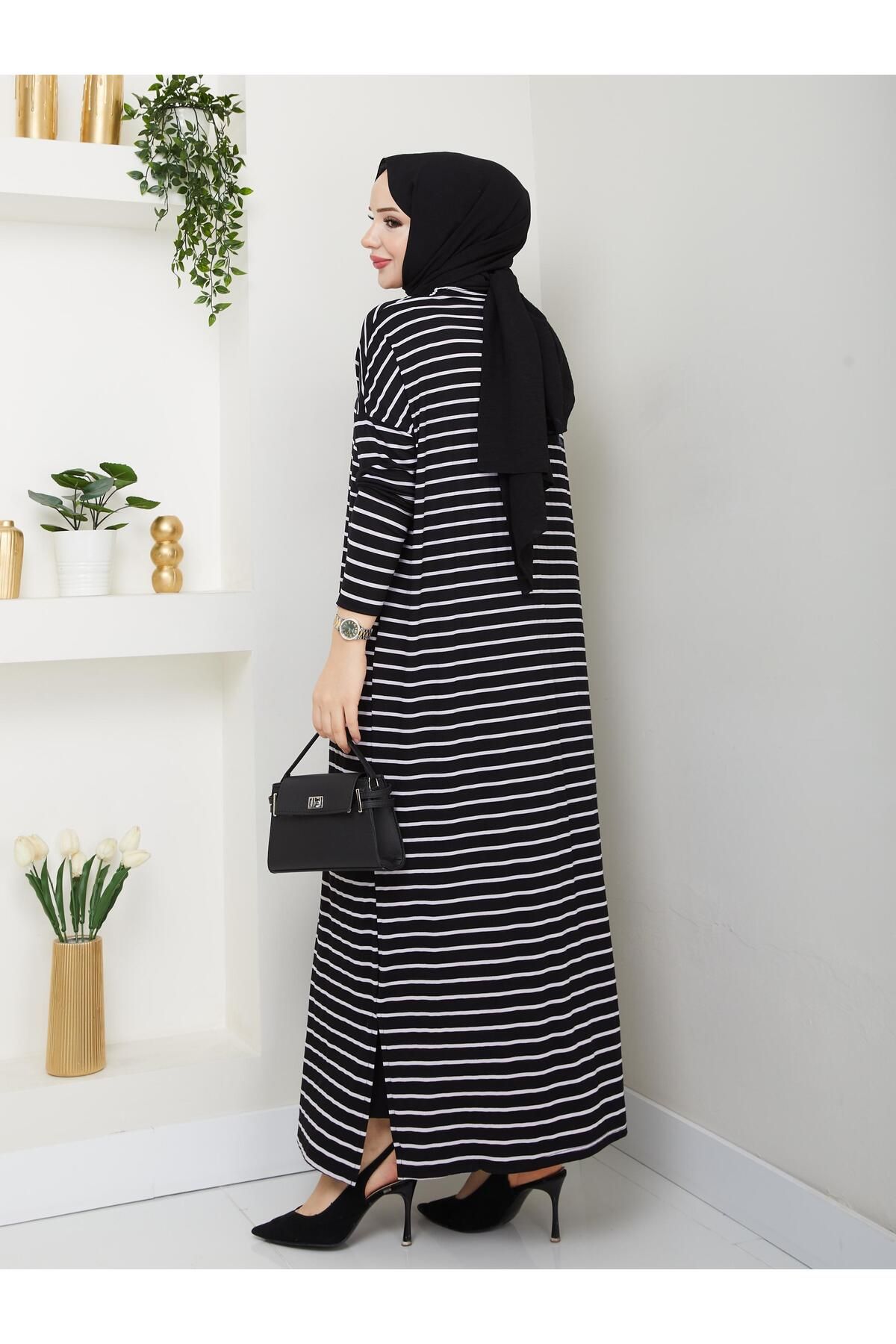 MODAMÜNASİP-Our Striped Viscose Combed Cotton Dress with a Fabric That Doesn'T Define the Line of the Hat 5
