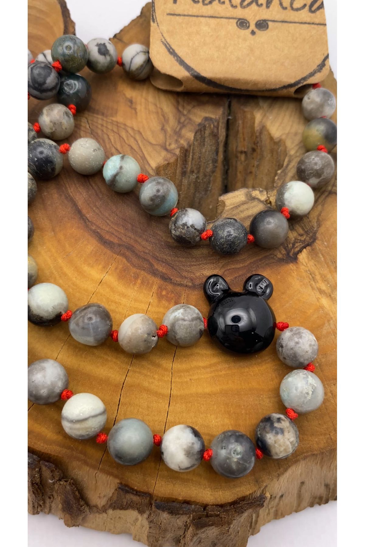 nalanca Murano Mickey Cam Obje Amazonit ve Akik Doğal Taş Kolye