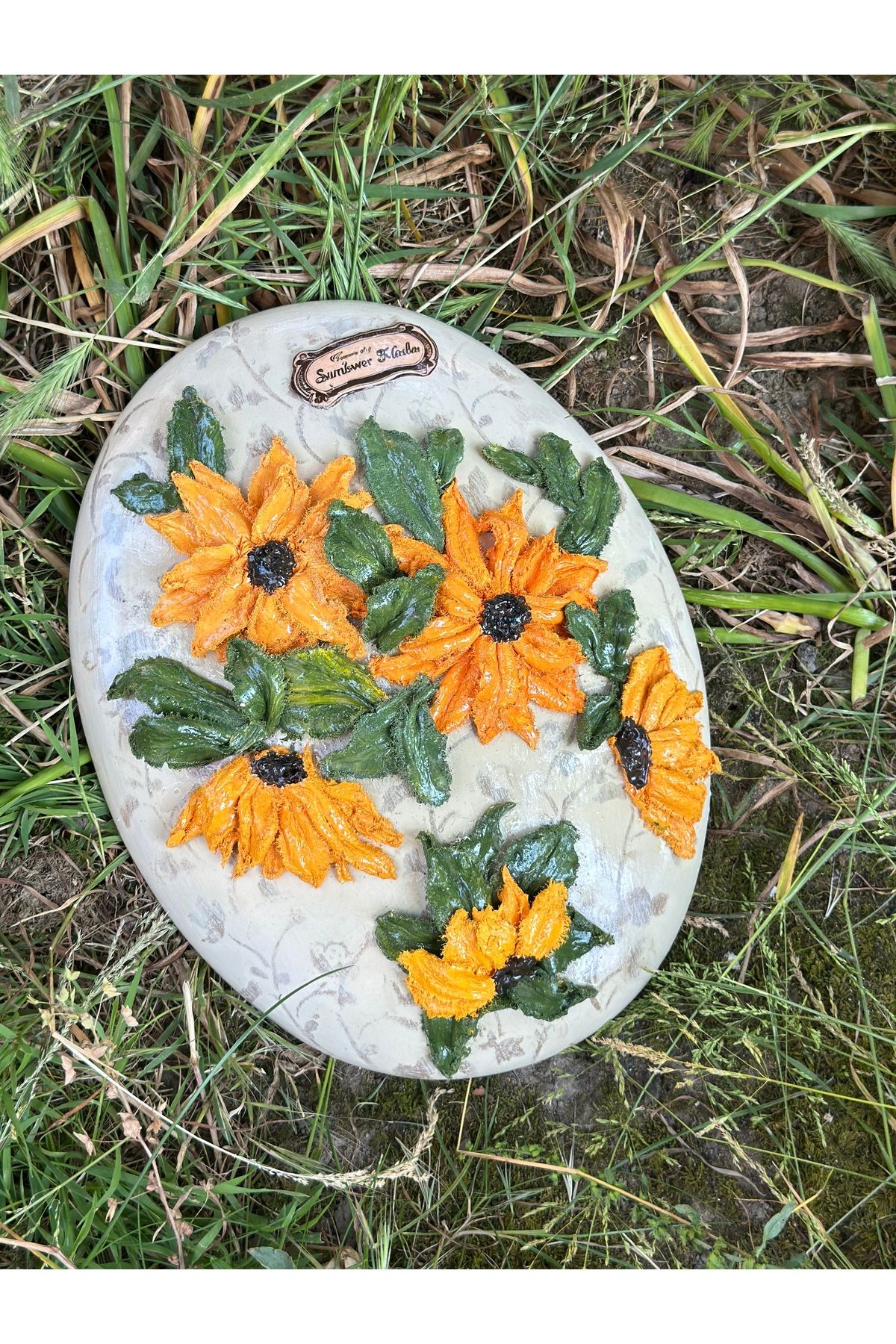 Handmadesign El yapımı Ayçiçekli Günebakan Sculpture 3 Boyutlu Seramik Oval Tombak Pano Duvar Süsü Turuncu Krem