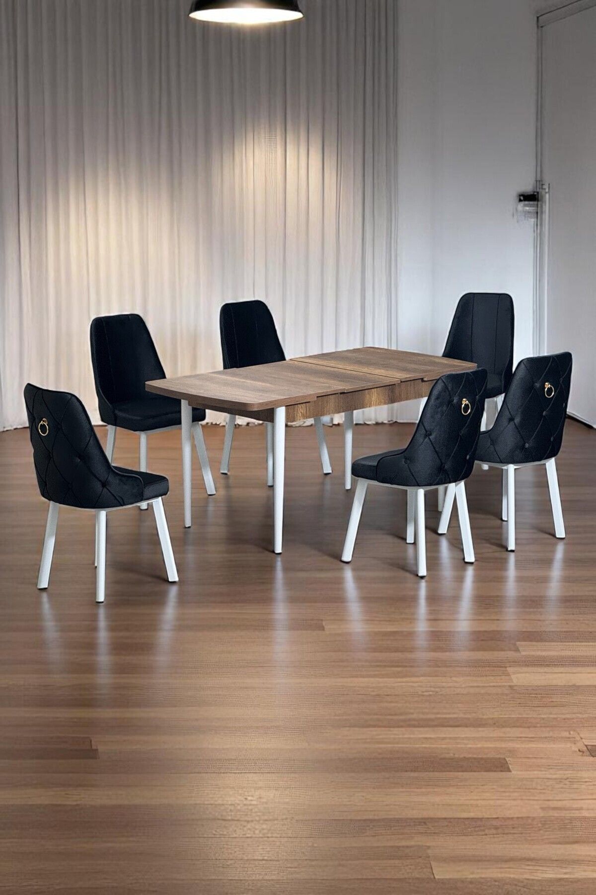 Minel Açılabilen Metal Ayak MDF Mutfak Masası Takımı 6 Siyah Sandalye 80 x 132-0