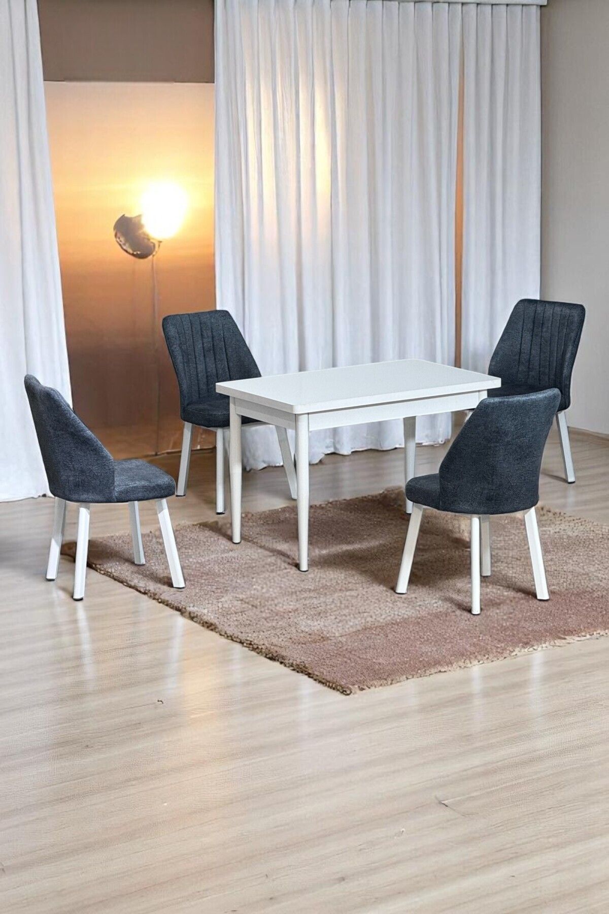 ARVEN Beyaz MDF 70x110 Sabit Mutfak Masası Takımı Beyaz Metal Ayak 4 Füme Kot Desen Sandalye-0