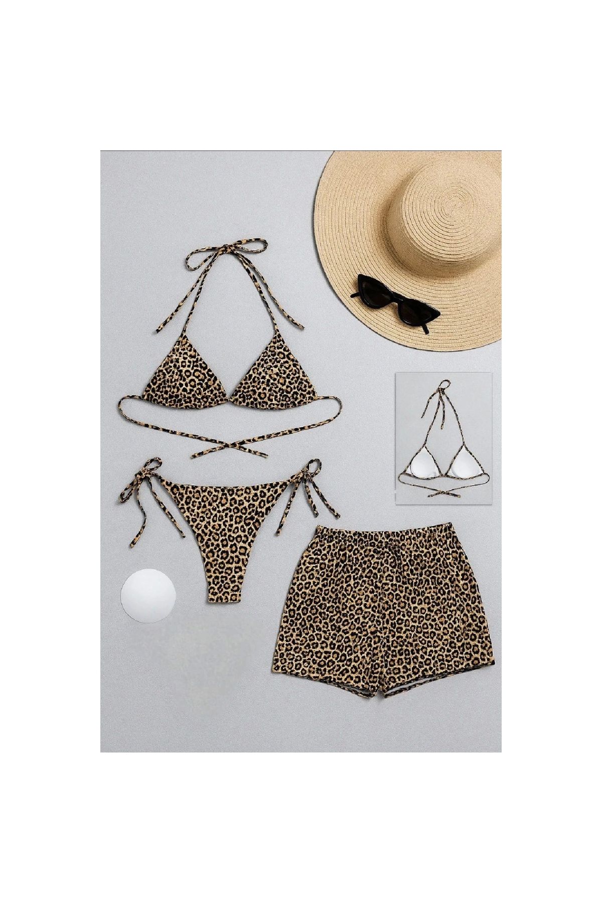 Marsilyan - Kadın 3'lü Set Leopar Desenli Şortlu Ve Yandan Bağlamalı Bikini Mayo Takımı