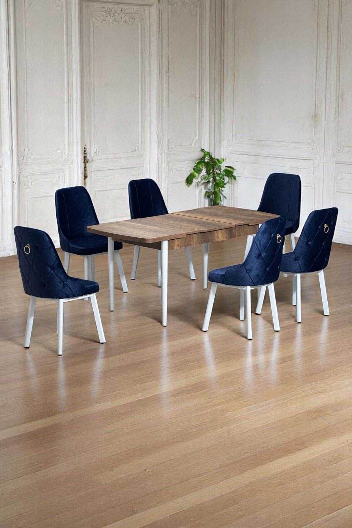 Minel Açılabilen Metal Ayak MDF Mutfak Masası Takımı 6 Lacivert Sandalye 80 x 132-0