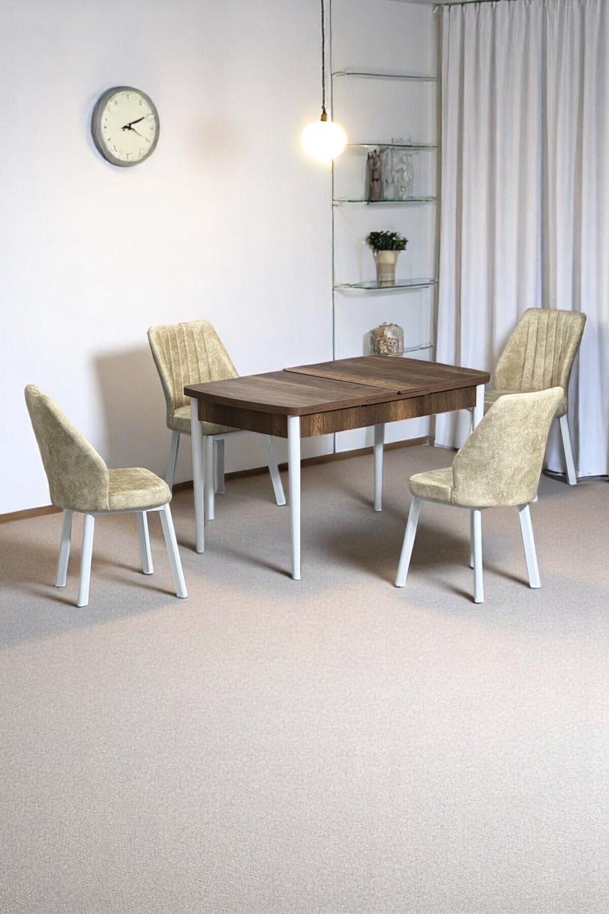 Florn Ceviz 80 x 132 Açılabilen MDF Masa Metal Ayaklı Mutfak Masası Takımı 4 Krem Sandalye-0