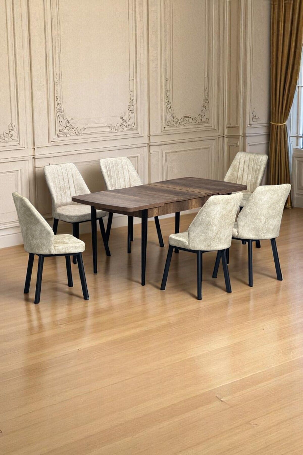 Luna Ceviz 80 x 132 Açılabilen MDF Masa Siyah Metal Ayaklı Mutfak Masası 6 Krem Sandalye-0