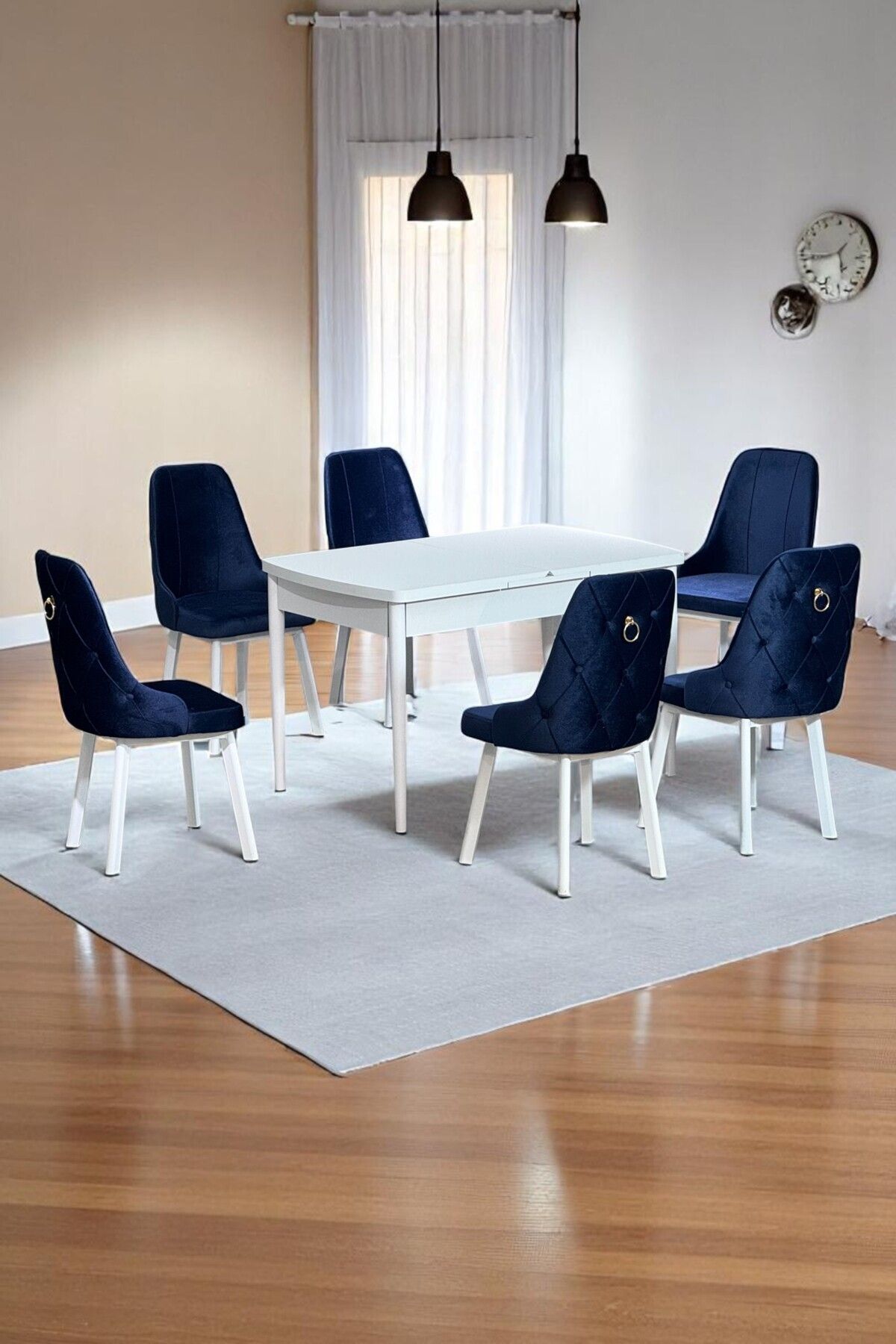 Sonata Beyaz 80 x 132 Açılabilen MDF Masa Metal Ayaklı Mutfak Masası Takımı 6 Lacivert Sandalye-0