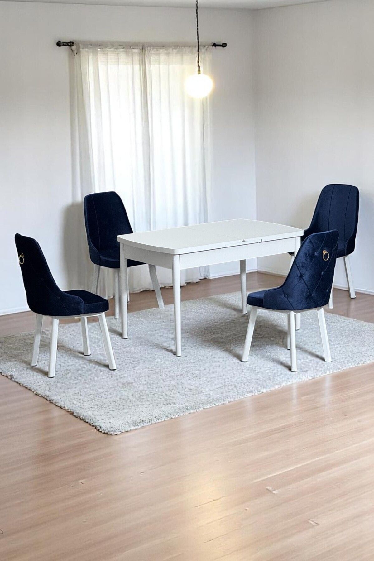 Monera Beyaz 80 x 132 Açılabilen MDF Masa Metal Ayaklı Mutfak Masası Takımı 4 Lacivert Sandalye-0