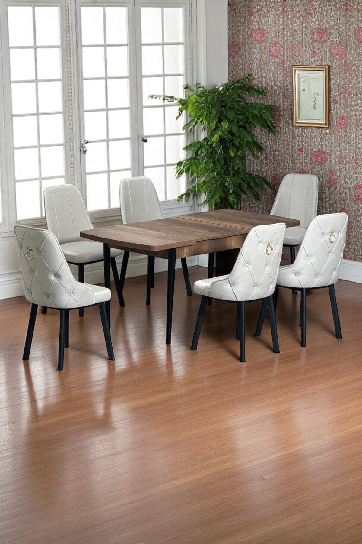 Sonata Ceviz 80 x 132 Açılabilen MDF Masa Siyah Metal Ayaklı Mutfak Masası 6 Krem Sandalye-0