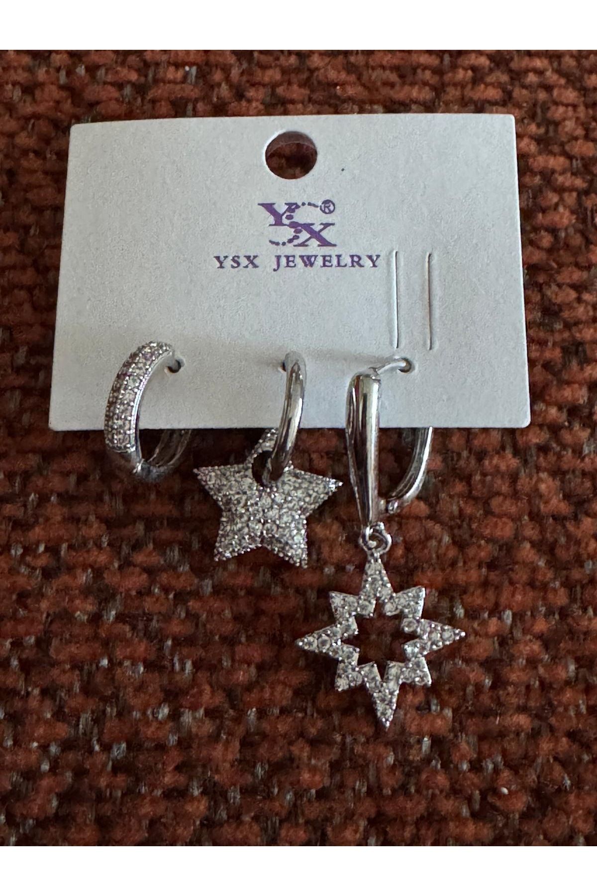 misstakıjewerly ÇELİK GÜMÜŞ RENK ZİRKON TAŞLI YILDIZLI 3 LÜ KÜPE