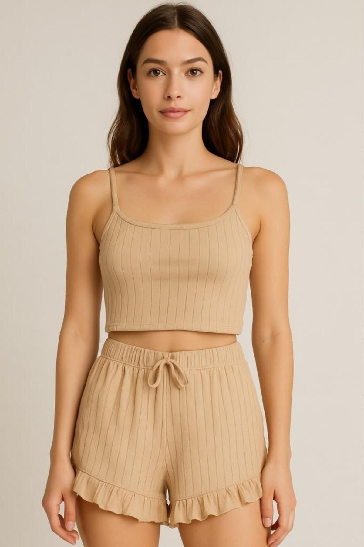 musellife Crop Takım - Askılı Crop Takım Likralı Bej (M) (491491)