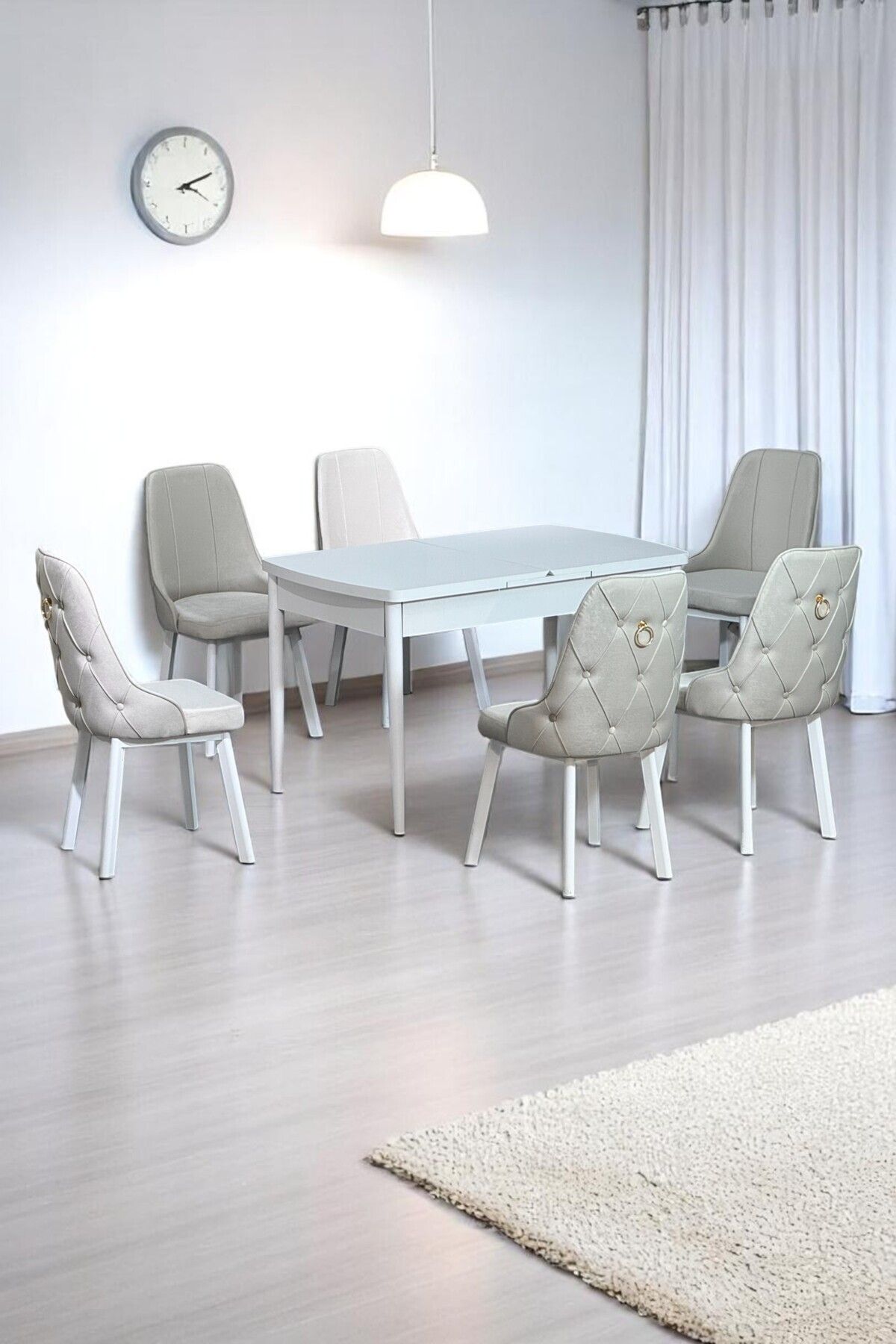 Sonata Beyaz 80 x 132 Açılabilen MDF Masa Metal Ayaklı Mutfak Masası Takımı 6 Krem Sandalye-0