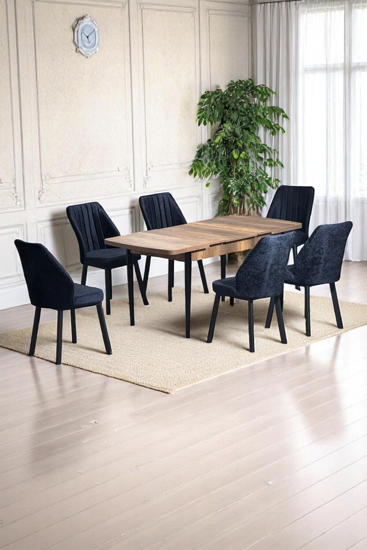 Luna Ceviz 80 x 132 Açılabilen MDF Masa Siyah Metal Ayaklı Mutfak Masası 6 Siyah Sandalye-0
