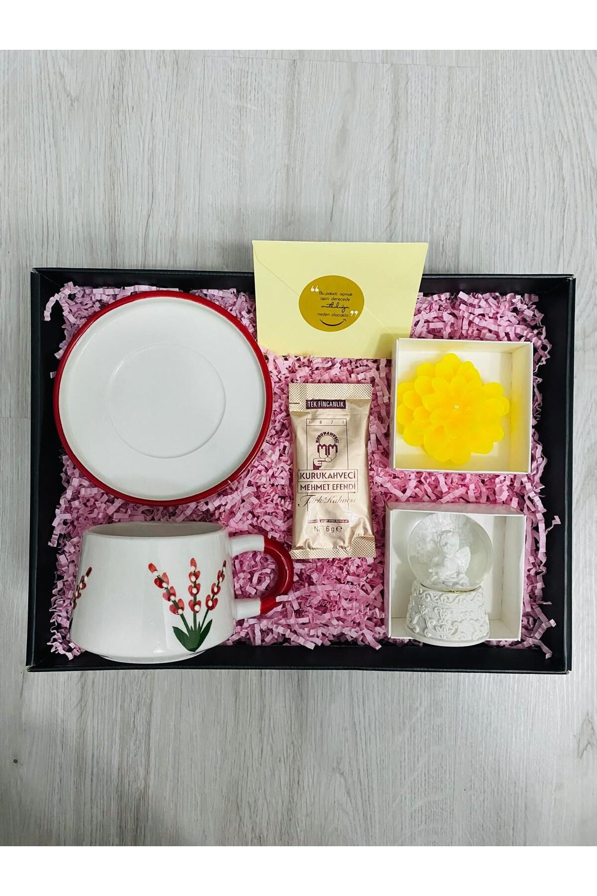 hediport Çiçek Desenli Seramik Kupa Bardak - Kupa Tabağı - Melek Kar Küresi (7cm) - Mum - Kahve - Notunuz