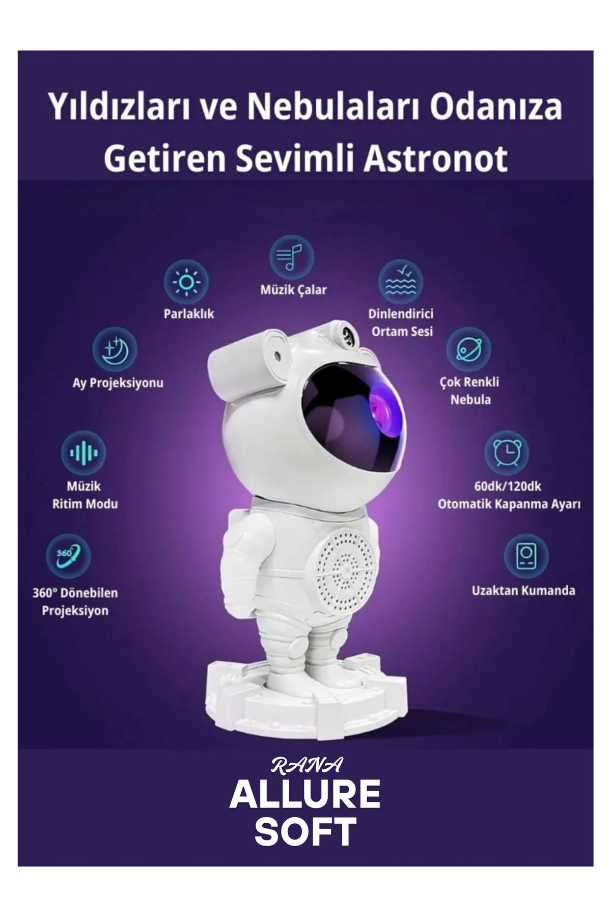 Allure soft Bluetooth Müzikli Astronot Gece Lambası | Renkli Led Uzay Lambası Çocuklara