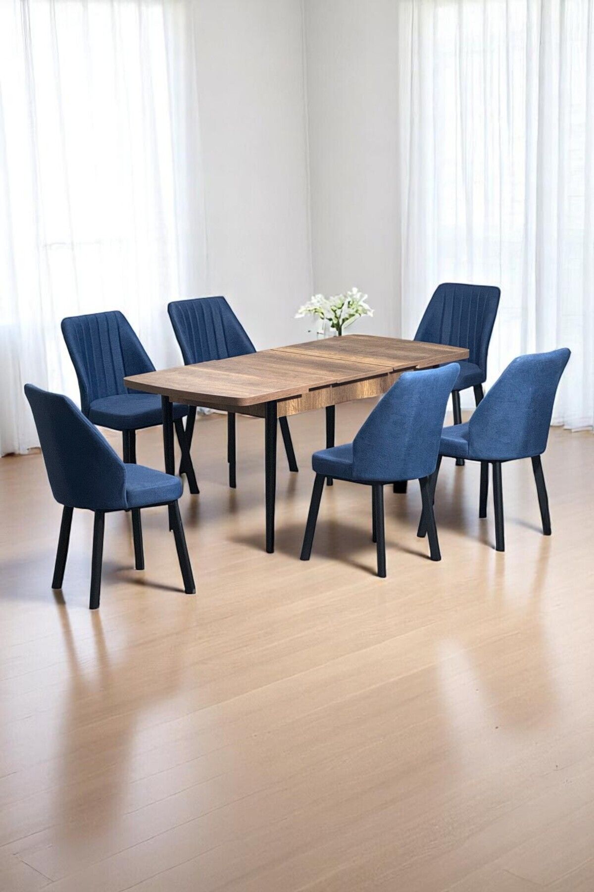 Luna Ceviz 80 x 132 Açılabilen MDF Masa Siyah Metal Ayaklı Mutfak Masası 6 Lacivert Sandalye-0