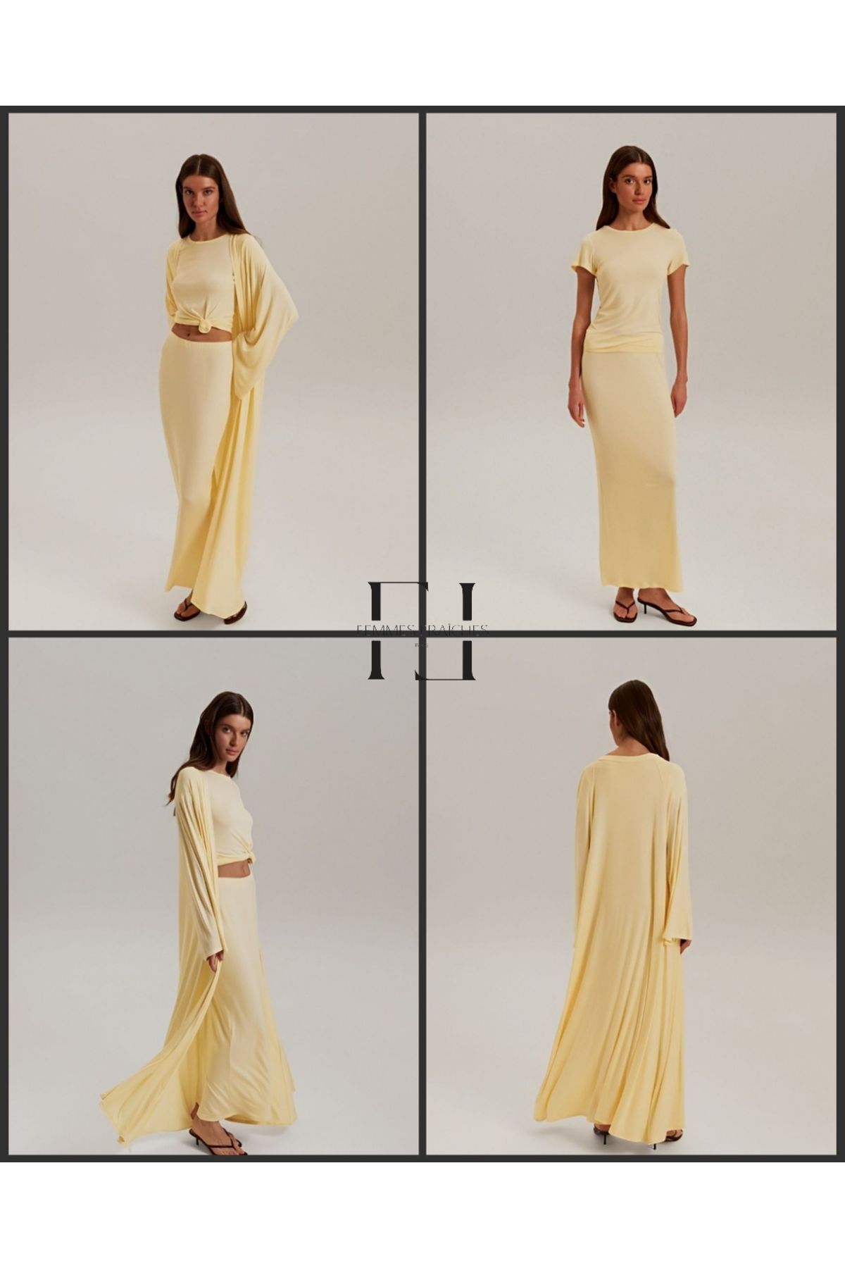 femmes fraiches Femmes Dolce Sarı Set ( Maxi Etek - Tshirt - Kimono )