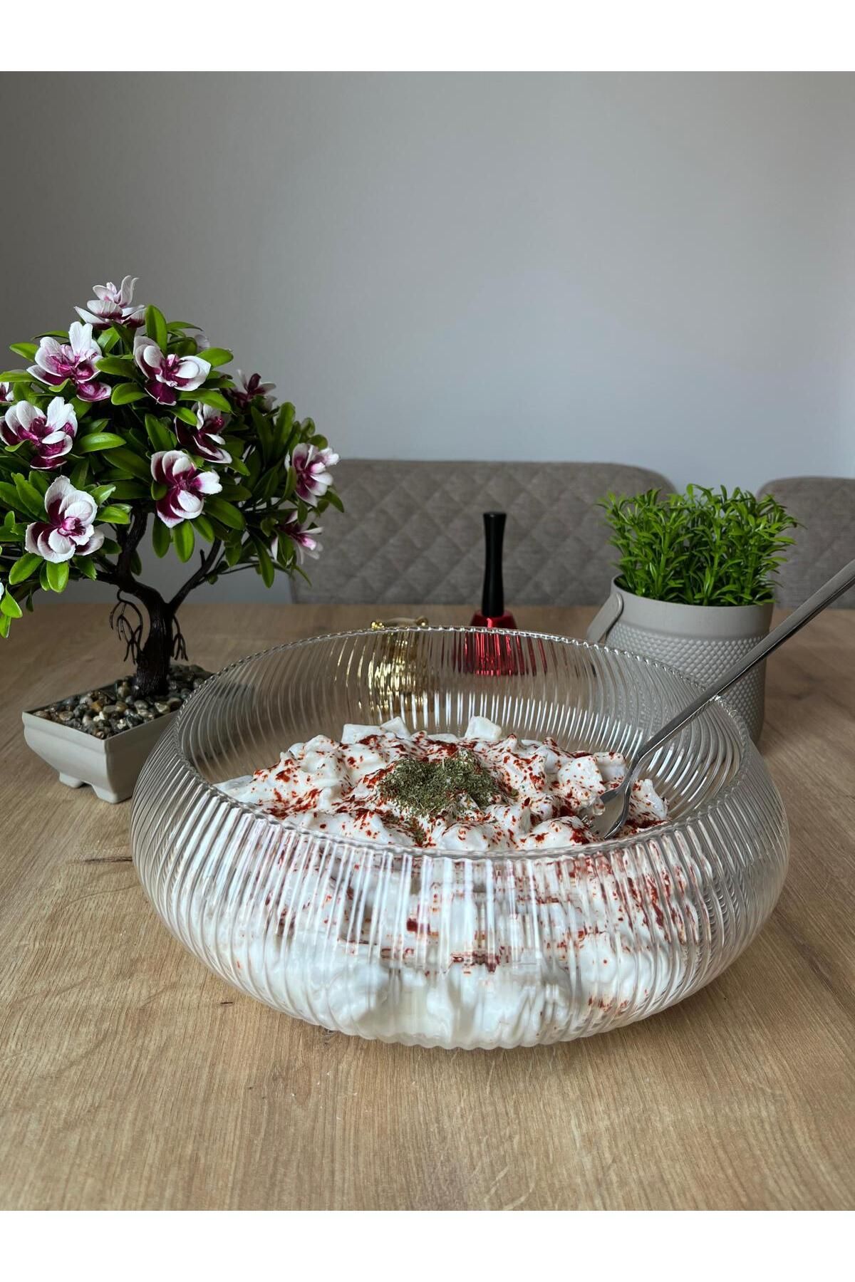 LİNGO HOME 30 cm Cam Desenli Salata Sunum Kasesi- Çanak