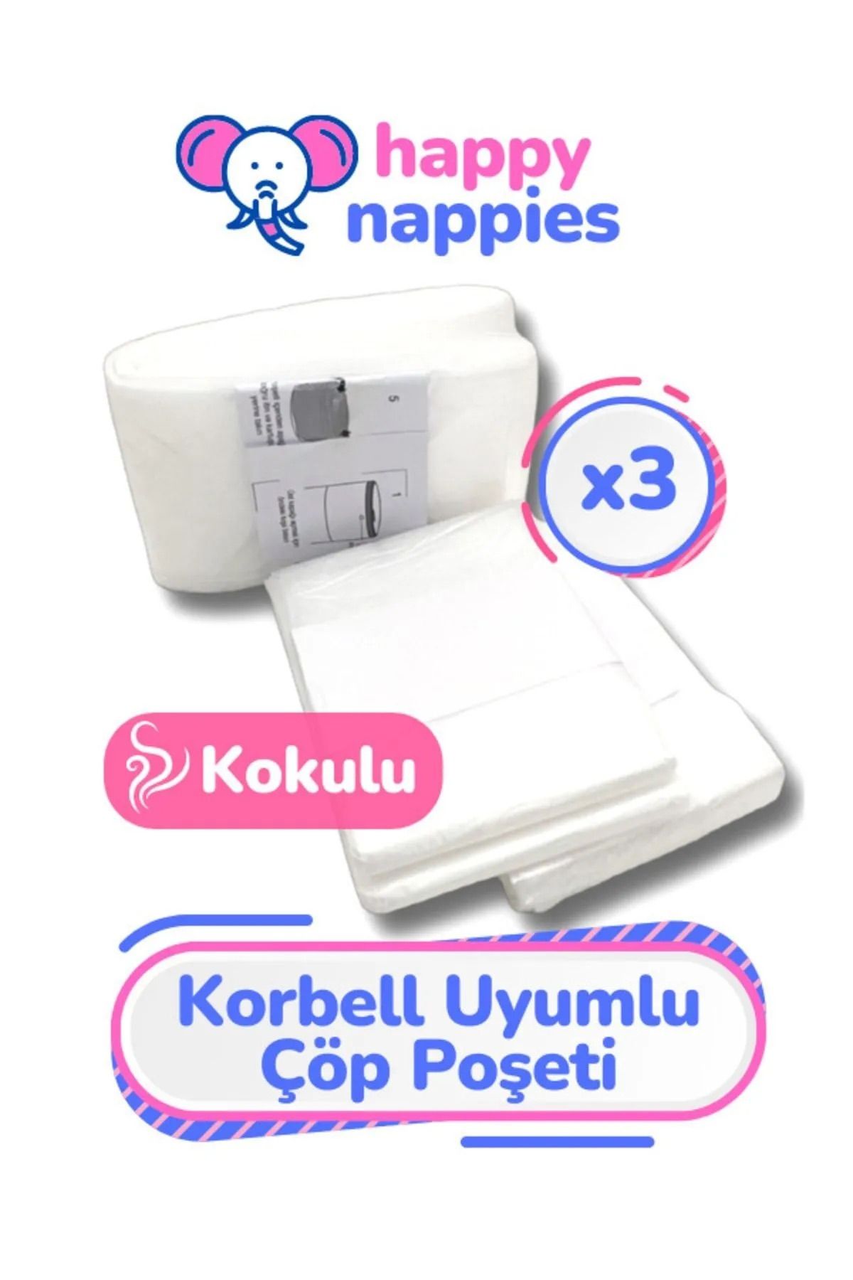 Korbell 16l Uyumlu Yerli Malı Çöp Poşeti - 3 Paket - 1500 Adet Bebek Bezi Kapasitesi