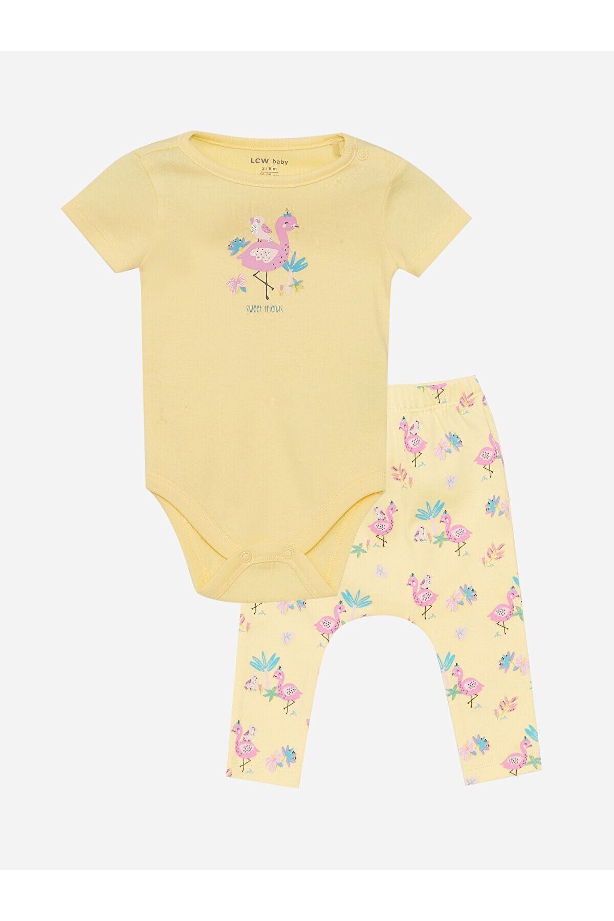 LC Waikiki Bisiklet Yaka Kısa Kollu Kız Bebek Çıtçıtlı Body ve Pantolon 2'li Takım