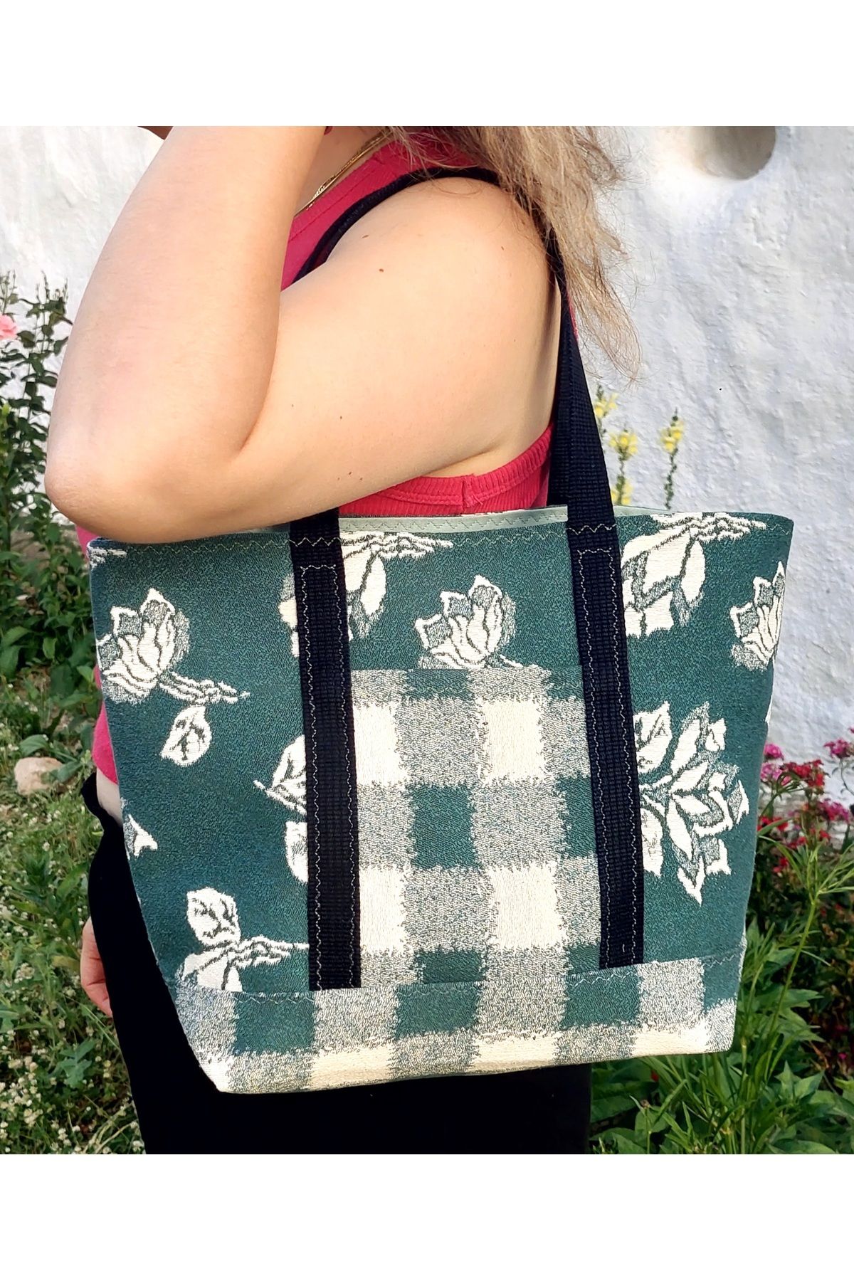 Mio Vero Çiçekli Ekoseli Vintage Jakarlı Dokuma Totebag ve Kadın Omuz Çantası - El Yapımı Şıklık