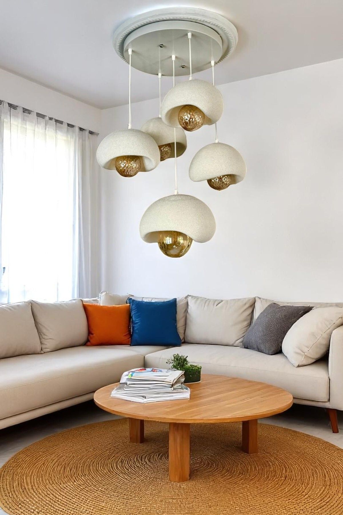 DREAM MODE Modern 5'li Avize Beton Dokulu - Salon ve Oturma Odası İçin Şık Tasarım (RUSTİK AMPUL HEDİYELİ)