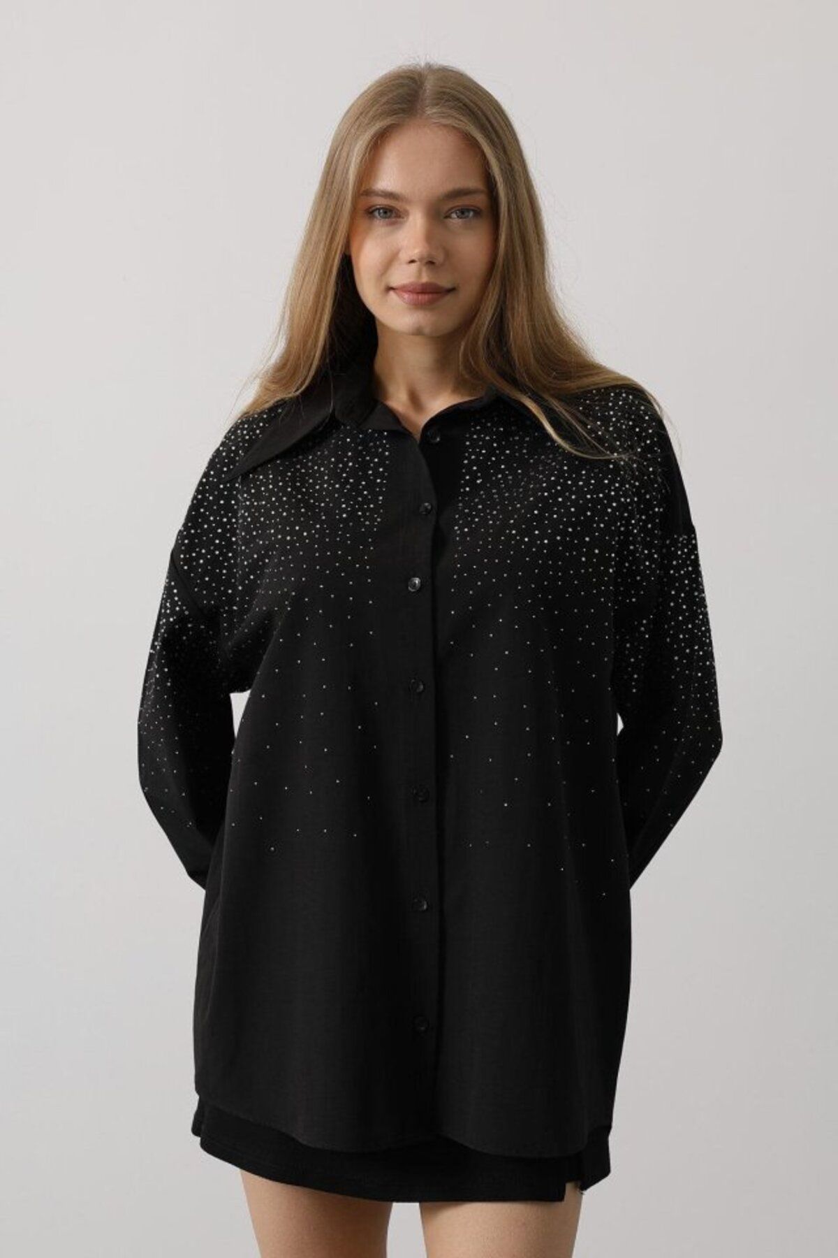 velmorafashion Taşlı Sivri Yaka Gömlek - Siyah