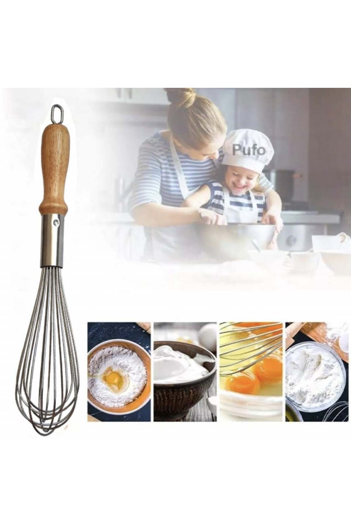 PUFO-Stainless steel whisk with wooden handle and hanger for kitchen or confectionery, 37 cm 4