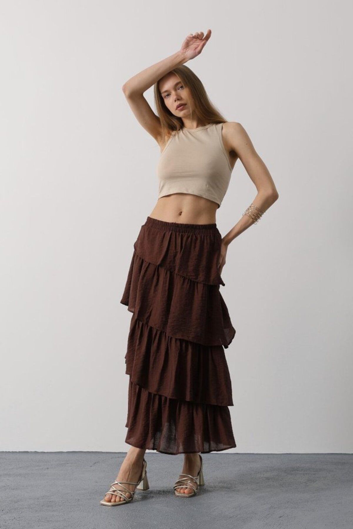 velmorafashion Katlı Kesim Uzun Etek - Kahve