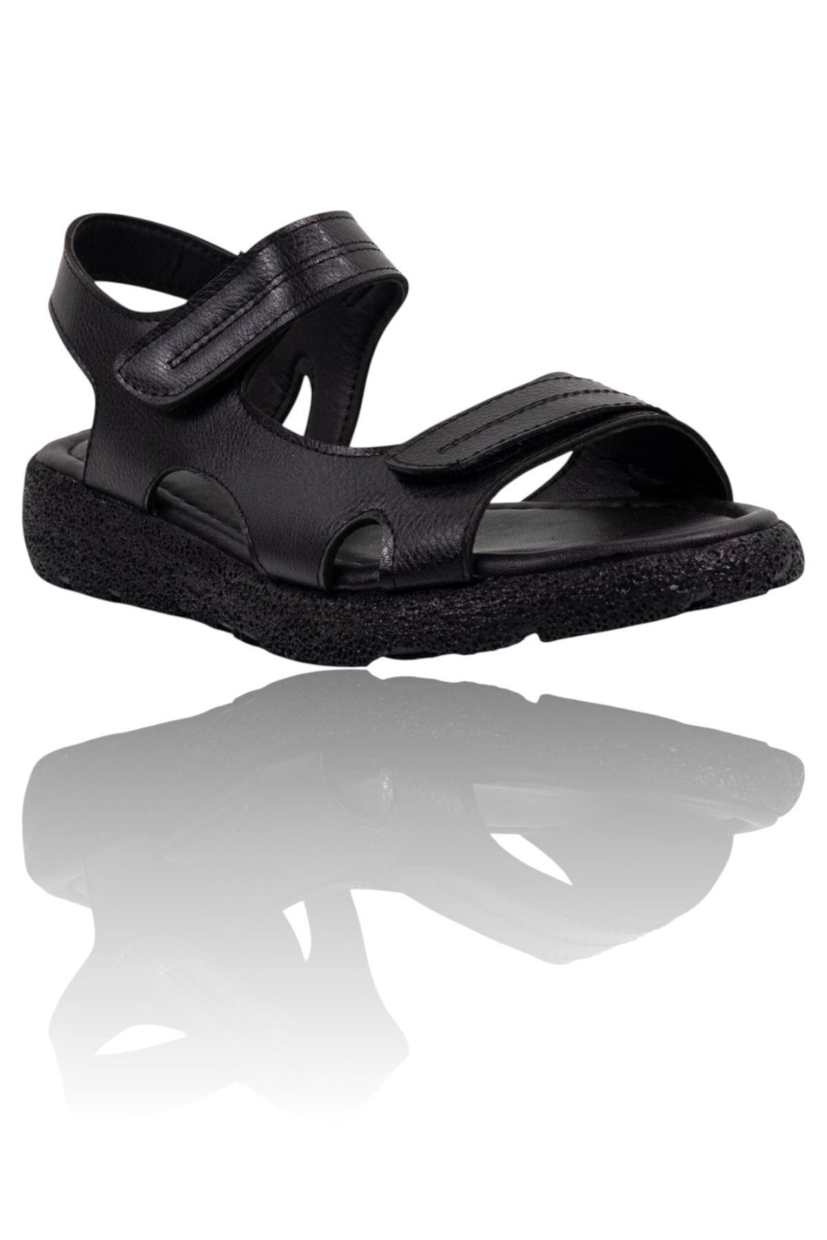 Y&D Shoes Kadın Ortopedik Cırt Cırtlı Günlük Sandalet – Siyah & Bej – Rahat Yazlık Düz Taban Ayakkabı
