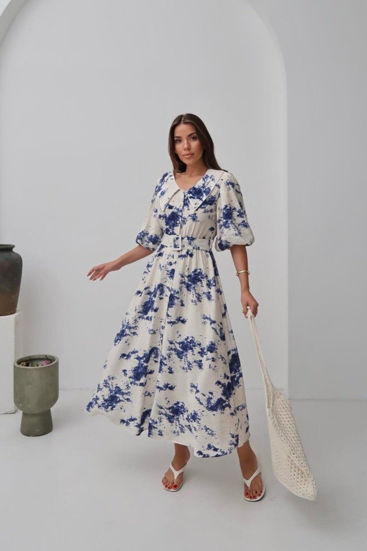 velmorafashion Mavi Desenli Kemerli Elbise